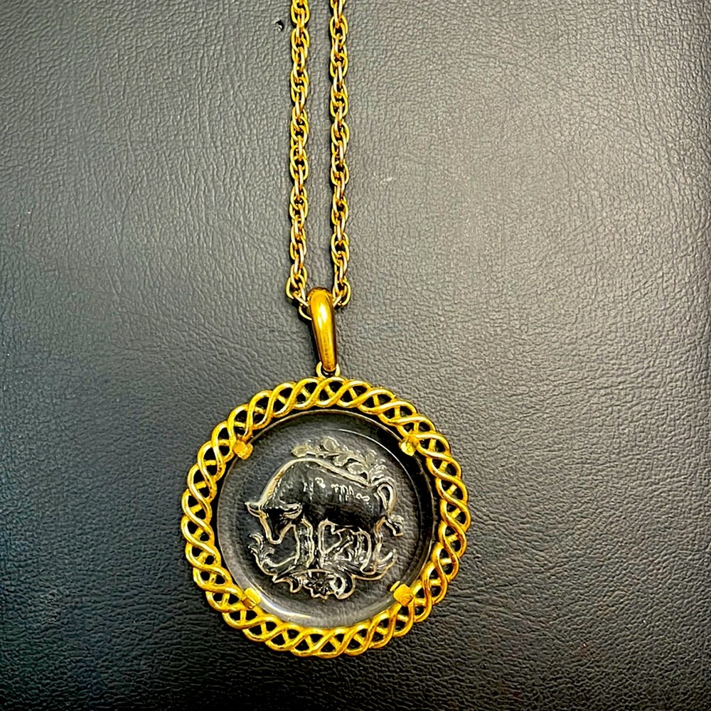 Vintage Trifari Jewelery etched glass medallion TAURUS zodiac sign